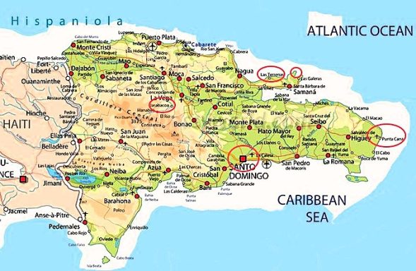 Karte der Dominikanischen Republik mit Städten und geographischen Merkmalen markiert.